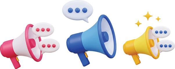3d megaphone with speech bubble. Voice message. Realistic loudspeaker with speech banner, talk bubble. Announcement and communication concept. Promo icon. eps