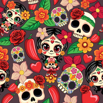 Calavera Dia de los Muertos Cute Calaverita Cartoon Character with floral sugar skull Vector Seamless Textile Pattern
