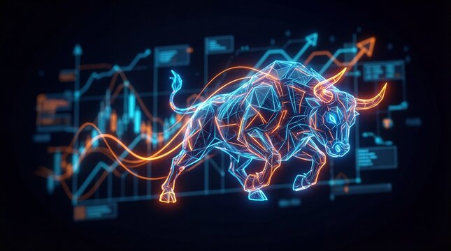 A digital illustration of a bull with neon lines and graphs in the background, symbolizing market growth and financial success.