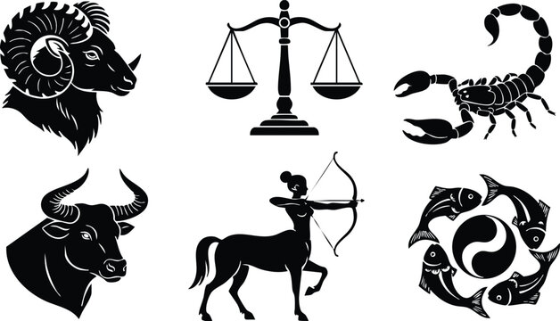 Black silhouette zodiac signs featuring aries ram head taurus bull head libra scales sagittarius centaur with bow scorpio scorpion and pisces fish circle in vector style