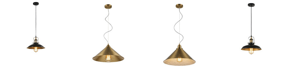 Obraz premium Set/Collection of Modern Industrial Pendant Light, Vintage Brass and Matte Black Cone Ceiling Lamp, Elegant Retro Hanging Lighting for Kitchen and Dining, Isolated on White Transparent PNG Background