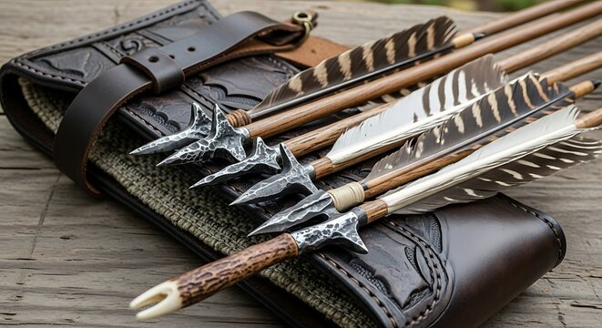 Medieval Arrows and Quiver on Wooden Surface.