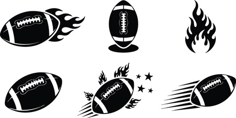 Fototapeta premium Black and white vector art of flaming american footballs in various dynamic angles and motion styles showing speed and energy in minimalist design