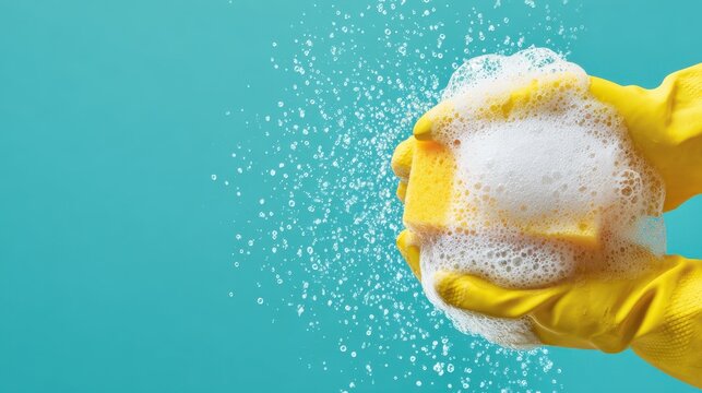 Close up of hands wearing yellow rubber gloves holding a sponge with soap foam, bubbles texture, cyan background