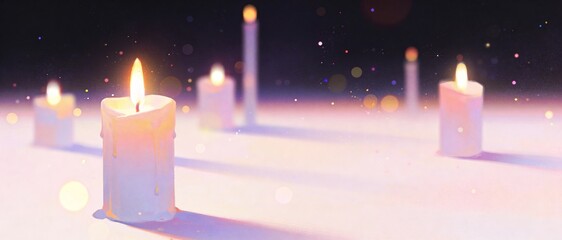 Softly glowing candles create a serene and peaceful atmosphere with gentle light and bokeh effects