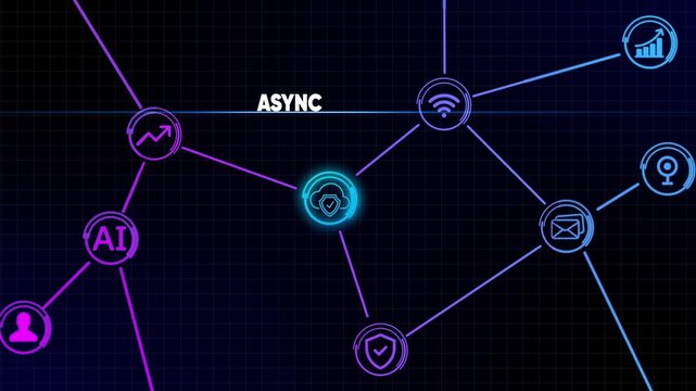 Digital Network Connections with ASYNC and AI Icons on Dark Grid Background ASYNC Asynchronous