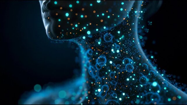 Clean medical human body outline with the digestive system highlighted, combined with visual cues of cellular renewal to represent how nutrition science supports internal recycling and regeneration.