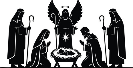 Fototapeta premium Black silhouette nativity scene with kneeling mary joseph angels and three shepherds around baby jesus in manger simple vector art with holy star and halo above angel