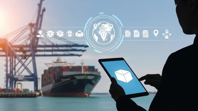 Logistics manager tracking global shipment on tablet at container port
