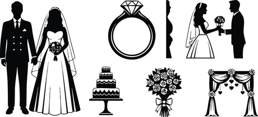 Naklejka premium Black and white wedding silhouette set including bride and groom holding hands with bouquet diamond ring cake bouquet and ceremony arch icons in vector style