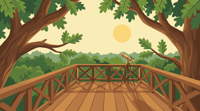 Treehouse observation deck with telescope overlooking forest at sunset.