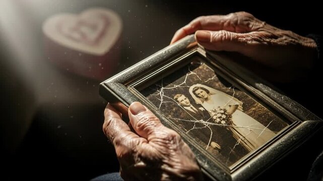 Elderly woman holds a broken wedding photograph, remembering faded love and past memories with a heart-shaped box nearby