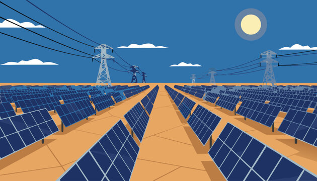 Vast Solar Panel Farm Under a Bright Sun.
