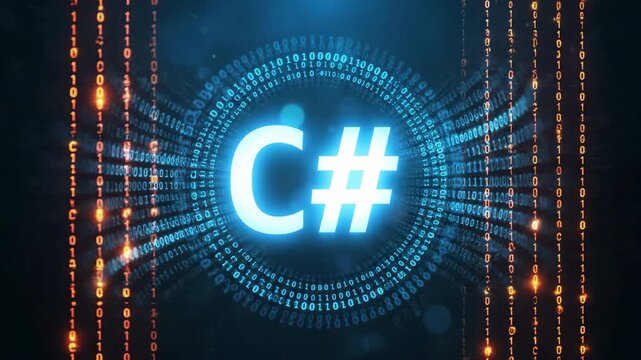 Abstract glowing C Sharp symbol surrounded by a digital matrix of binary code with blue and orange lights.