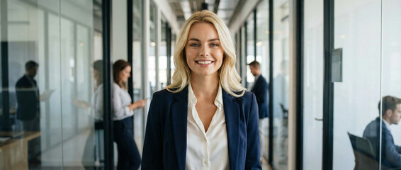An attractive business woman smiling with confidence in an office corridor. She stands out from the other professionals