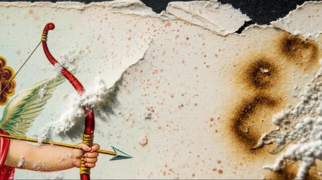 Cupid vintage postcard degrading with rough edges and burn marks, symbolizing forgotten love and sadness for an antivalentine concept
