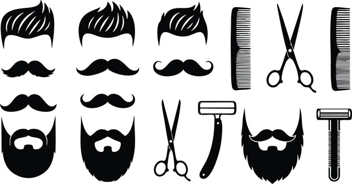 Black silhouette hairstyle and beard styles with grooming scissors razors and combs for male personal care and barber shop vector art collection