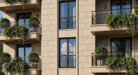 Fototapeta premium Modern Apartment Building – Stone Facade with Balconies and Green Plants