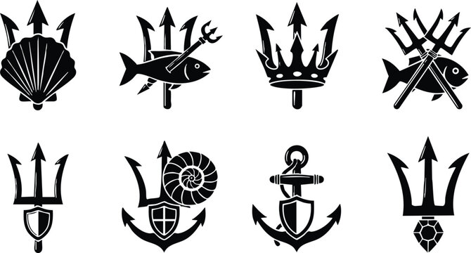 Black silhouette trident icons with marine elements including shell fish crown anchor shield and shell spiral in vector style isolated on white background