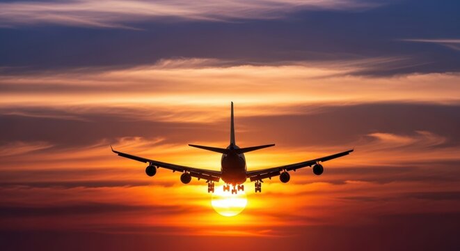 Airplane flying into vibrant orange sunset sky