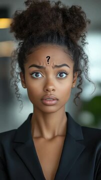 Confused woman with curly hair in office setting looks at camera while expressing surprise or disbelief in midday light