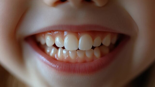 Young child shows big smile with missing teeth in close-up shot outdoors during sunny day