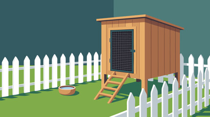 Wooden Chicken Coop with White Picket Fence and Water Bowl. © Zetaa