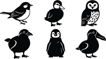 Obraz premium Black and white vector art of six distinct birds including sparrow duck owl chubby bird penguin and toucan standing isolated with simple silhouette style on white background
