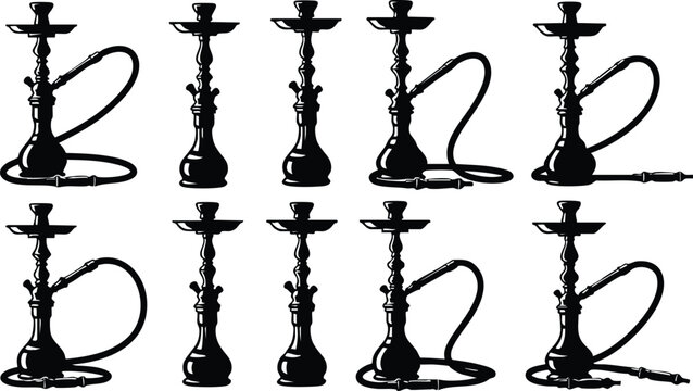 Black silhouette vector set of hookahs with hoses in various angles and positions isolated on white background detailed pipe smoking accessories collection
