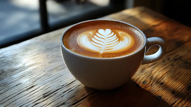 Enjoying coffee with latte art in a cozy cafe during morning hours