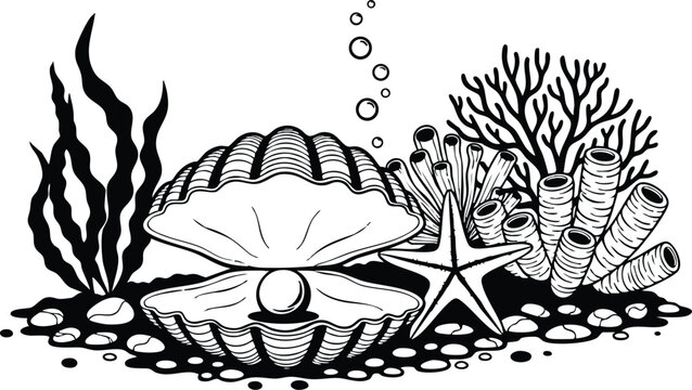 Black and white vector art of open clam with pearl starfish and coral reef underwater sea life detailed marine illustration with seaweed and bubbles