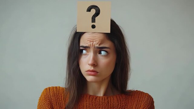 Woman with confused expression and question mark above her head in indoor space