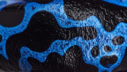 A close-up of a textured black surface with irregular bright blue patterns resembling waves or contours, displaying intricate details. The lighting accentuates the glossy finish