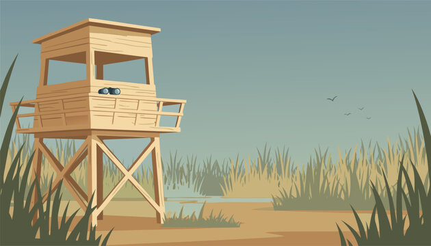 Wooden hunting blind overlooking a marshy landscape with tall reeds and a distant bird.
