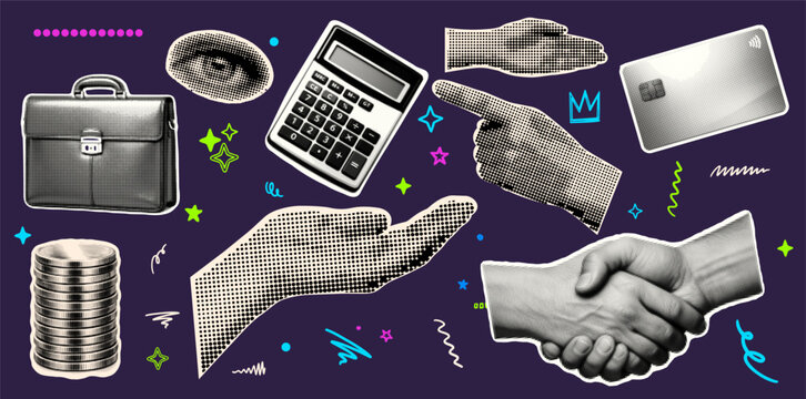Halftone pop art collage close up hands pointing open palm handshake with briefcase coins calculator credit card on purple retro background