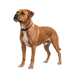 Obraz premium Dog Stands in an Indoor Space With a Polished Surface Looking up and Away at Something Interesting