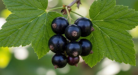 Fresh Ripe Blackcurrants Hanging on Branch with Green Leaves in Summer Garden Macro Close Up