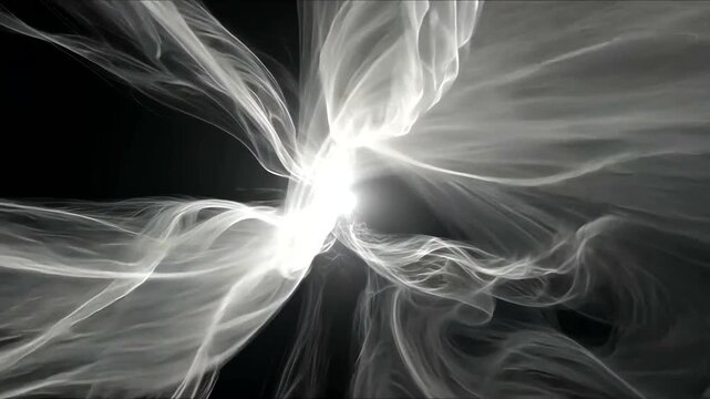 Dynamic white light exploding into ethereal, flowing, wispy forms on a dark background