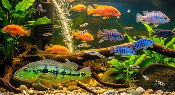 Diverse Group of Vibrant Tropical Cichlid Fish Swimming in a Lush Freshwater Aquarium with Plants
