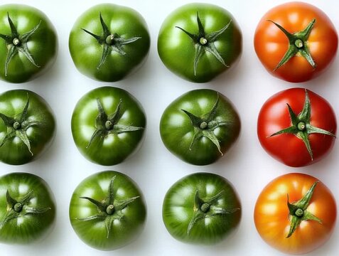 Tomatoes in various colors and stages of ripeness arranged for display in a simple layout