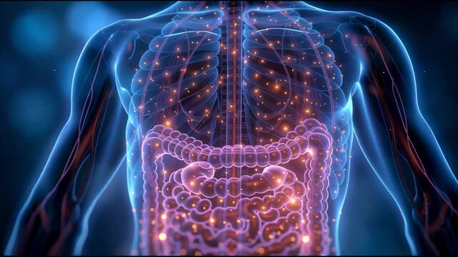 Clean schematic-style medical combining macro anatomy with micro-level cellular repair visuals, emphasizing precision, science and internal healing processes.