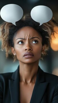 Woman thinks deeply in a business setting with speech bubbles above her head showing her thoughts and concerns in a meeting