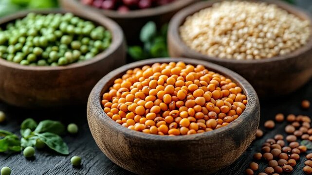 Exploring different types of lentils and seeds in a kitchen setting with bowls and natural light