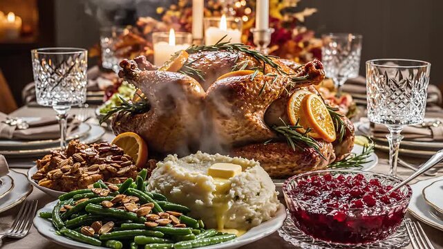 Delicious Thanksgiving Dinner Table with Roasted Turkey, Mashed Potatoes, Cranberry Sauce, and Green Beans