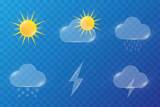 Glassmorphism weather icons set with transparent glossy buttons vector illustration.