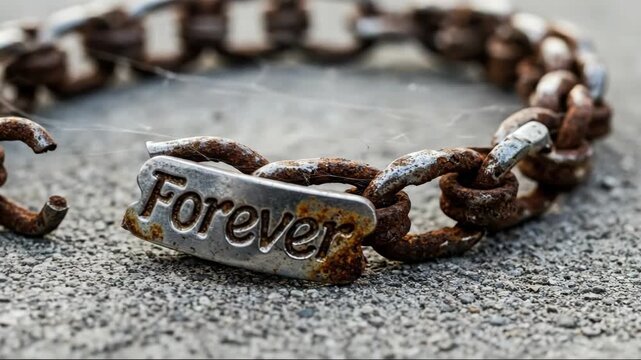 Broken rusty chain with a forever tag, lying on asphalt, symbolizing separation, faded love, and lost connection