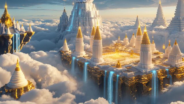 Fantasy scene with white heaven city with golden temples and energy waterfalls, floating above the sky. The realm of Gods
