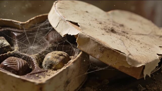 Heart shaped box of moldy chocolate candies covered in cobwebs and dust, concept of forgotten love and valentine past.