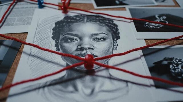 Detective's investigation board with photos, newspaper clippings, and red string connecting clues.