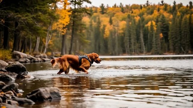 Golden retriever dog splashing in lake during autumn season, forest landscape, pet training concept